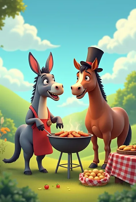 Donkey and horse having a barbecue 