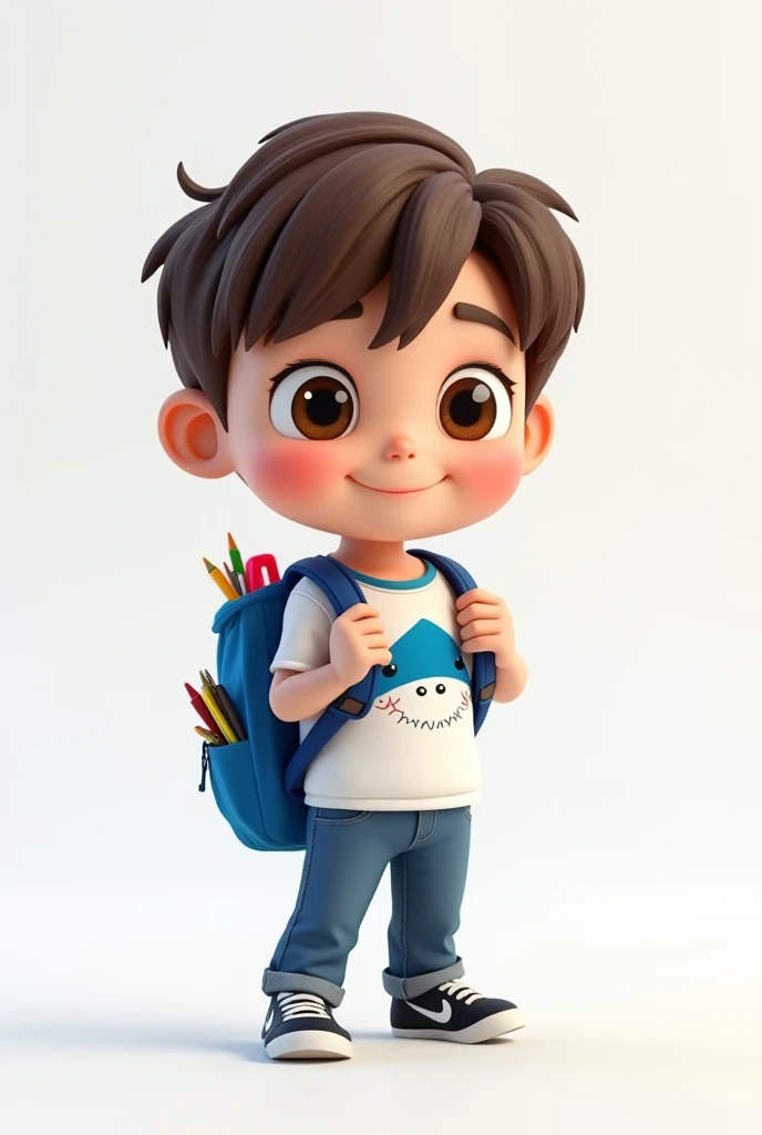 Create 3D Disney Pixar style cute boy image,  White , straight brown hair with bangs , wearing a white shirt with a blue puket shark,  shot blue and black sneakers,  holding a blue backpack , with cute school supplies on the side, no fundo  White .