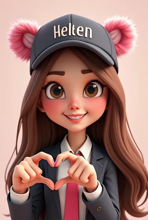 Create avatar of a 22-year-old woman with long brown hair, light brown eyes ,She's making a heart out of her hand all happy,all in 3d,On the side is a cute pink and white tiger,He wears a suit and a cap with the name Hellen 