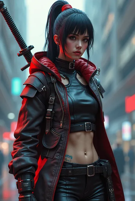 a close up of a person in a costume with a sword, concept art inspired by INO, trending on polycount, dau-al-set, mechanic punk outfit, cyberpunk outfit, kda, full body female, katana zero video game character, diesel punk female, style of starfinder, chro...