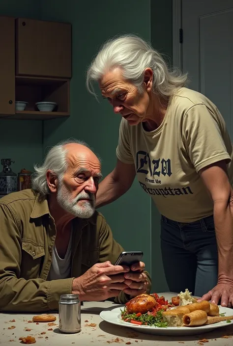 Make an old woman fighting with a man, This man is having dinner and touching his cell phone and the old woman's shirt says “Elza from the presumptan”