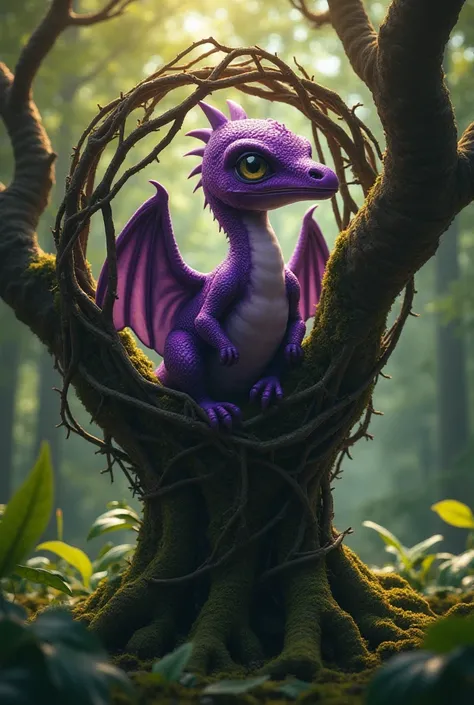 Draw a baby of purple pteranodon with a pointed beak trapped in the branches of a cage-like tree in a forest