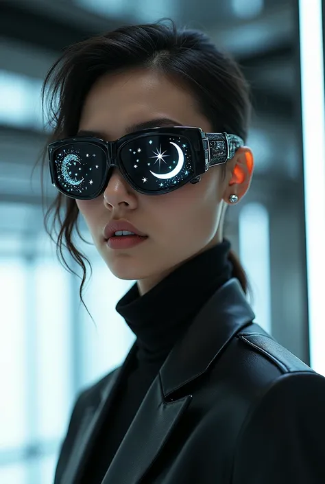 The model is wearing sunglasses with stars and the moon on the glass.