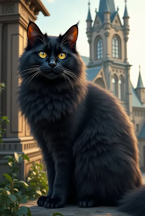 Female Persian black cat stand beside the church