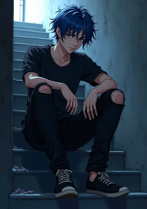 anime handsome young man, adult, manhwa drawing, blue-colored hair, wavy hair, slim, cunning, gloomy style, tantalizing, yandere, yandere male, detailed, sitting on the stairs, mysterious eyes, gloomy background, black fitting jeans, ripped jeans, black sh...