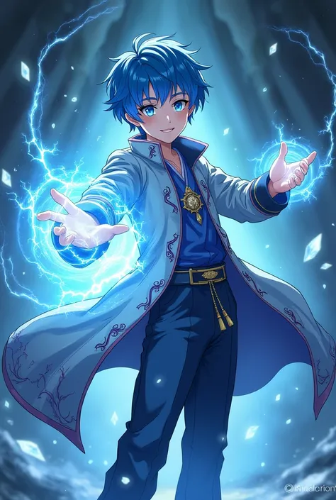 Max is a boy anime caracter he has Blue hair with Blue eyes and he is 23 year old with glace magic and he wear clothes of magicien 