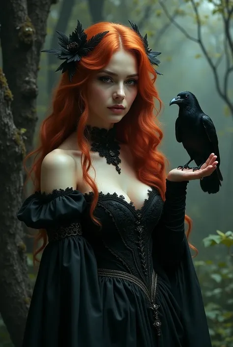 Beautiful woman, red wavy long hairs, medium size bounced breast, Raven perched on a gothic princess’s hand, symbolic and dark, realistic photo 