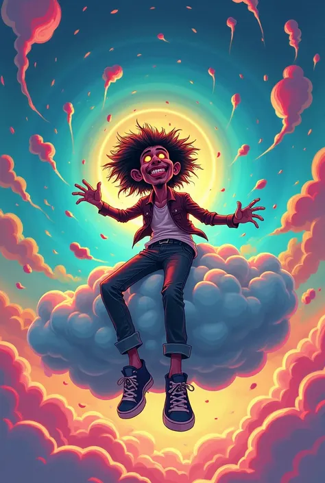 a cartoon of a crazy and hallucinated dark man on a cloud in the colorful sky