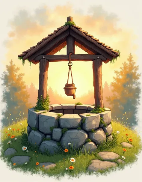 "A beautifully hand-colored illustration of an old stone well as the central focus, taking up most of the page. The well has a charming rustic design, with a circular stone wall made of large, uneven stones, some covered in soft green moss and tiny wildflo...