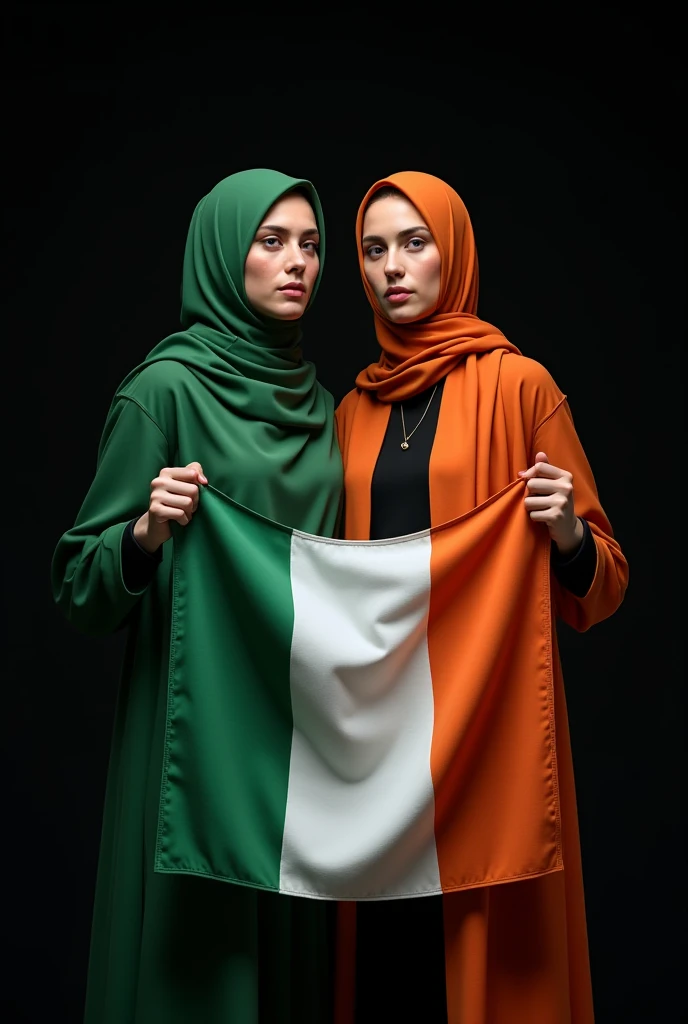 2 Irish women next to each other wearing hijab with Irish flag in thair hands and (fk these israili ni*) quote
behind em on a black back ground
