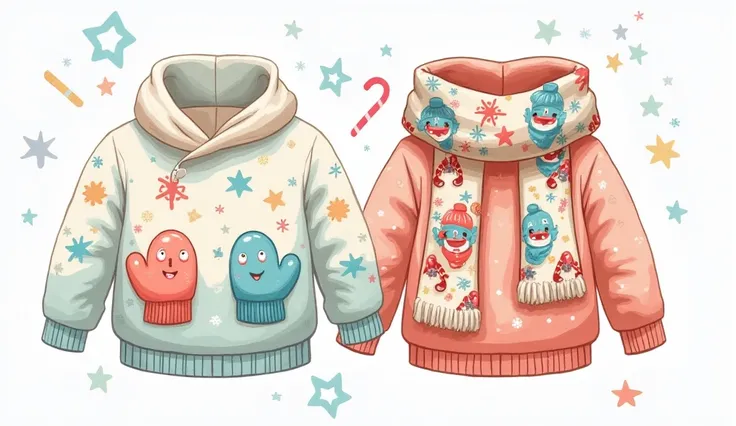 "A whimsical, cartoonish winter set featuring a cozy oversized sweater, mittens, and a scarf. The sweater is fluffy with vibrant pastel colors, adorned with playful animated patterns like dancing snowflakes and winking stars. The mittens are chubby and des...