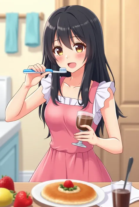 A very cheerful image , colorful, Of a ,  with black hair, fringe,in pink dress, doing the following activities:

 Waking up
Eating breakfast
Drinking chocolate in a glass
Eating fruit in the morning
Brushing your teeth as follows: removing the toothpaste ...