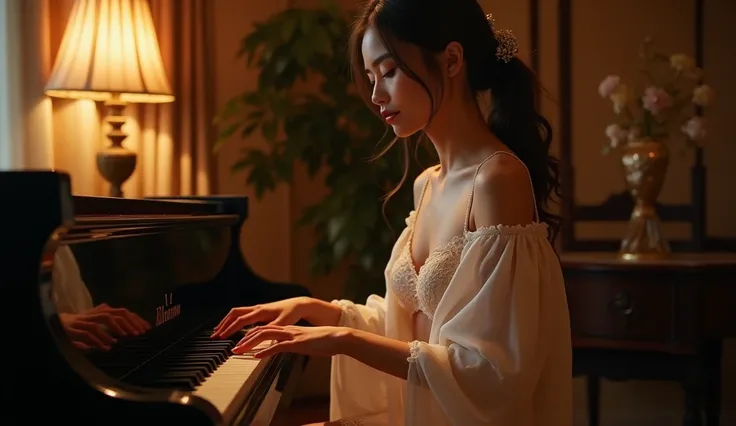 "A hyper-realistic young woman named Azuka Niciko sits gracefully at a grand piano, her delicate fingers gliding over the keys, creating a soft and enchanting melody. She wears an exquisite lace lingerie set in a refined ivory shade, layered with a sheer s...