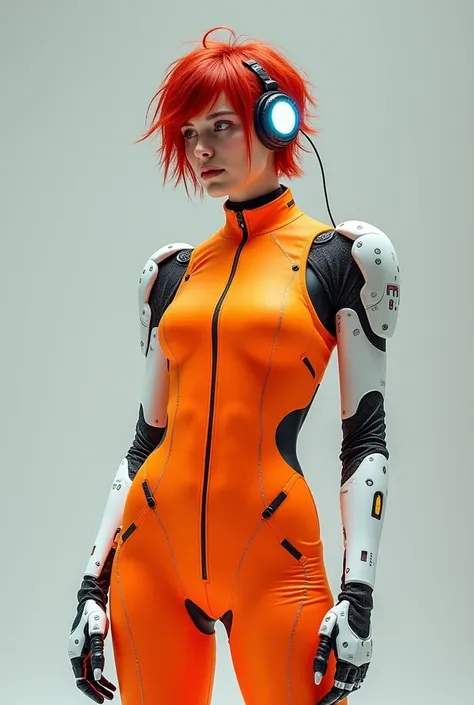 The LAST futuristic bodysuit, orabge, short red messy hair, white mechanical arms and biopunk headset