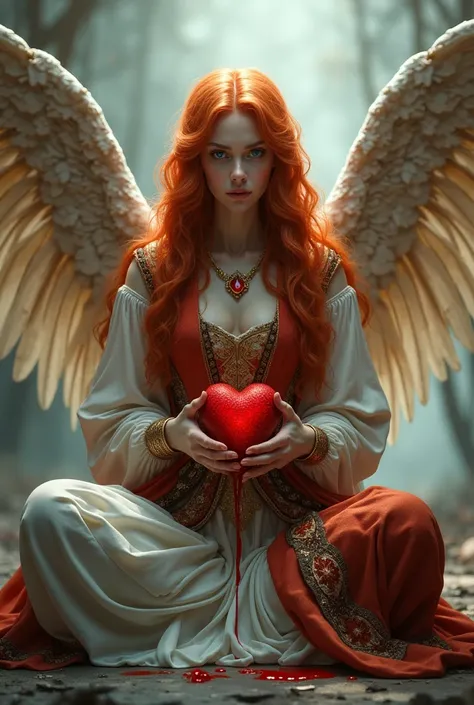 Red-haired goddess medieval clothing style with wings, ethereal scene sitting on the floor with a bleeding heart on her hands 