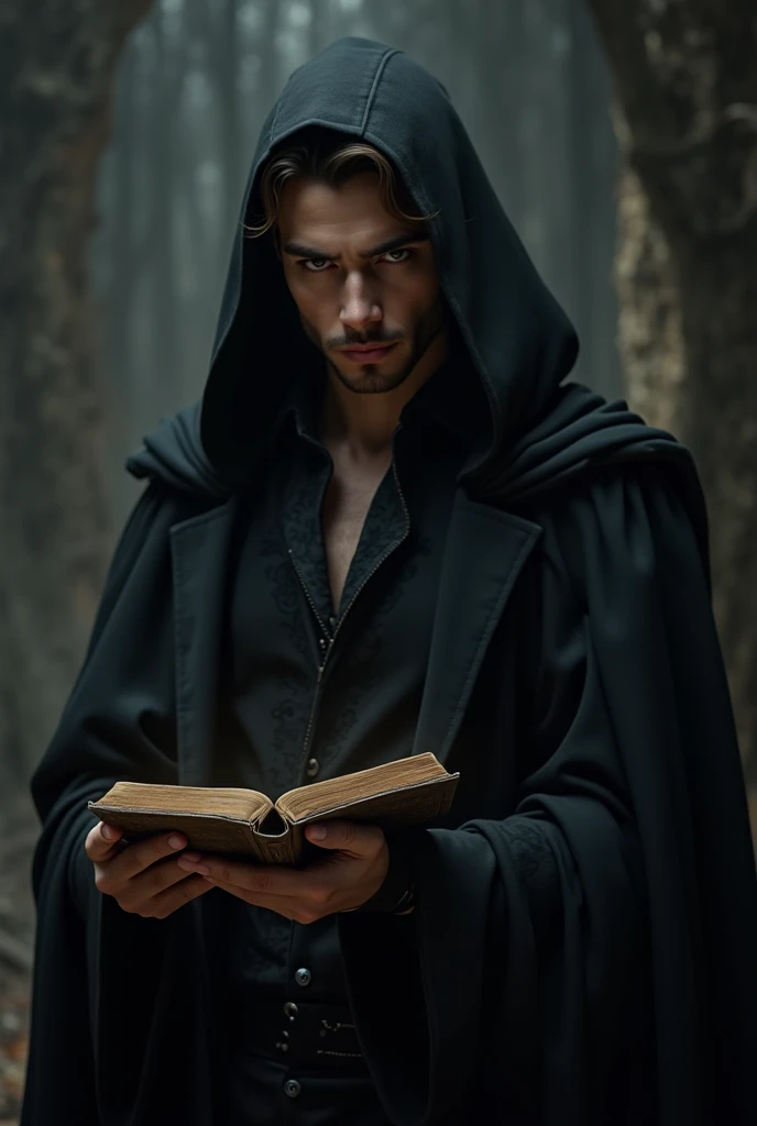 Man with hood, handsome and satanic ,  dressed in black clothes ,  holding an old book in his hand 