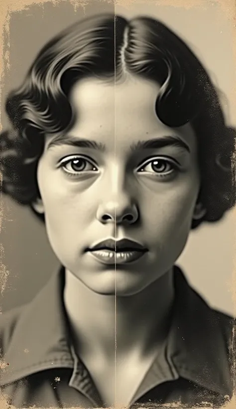  Image of an old black and white photograph ,  divided in half to show the before and after a restoration. The left side has an aged look , with visible wear , scratches,  stains and fading Features of old photos .  The face of the person on that side is s...