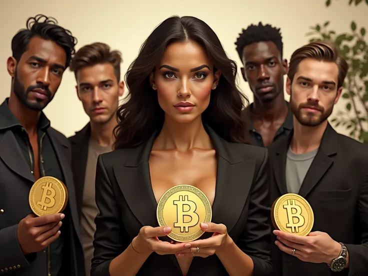 create an image for blog post on "Bitcoin Holders". Show 7 persons, everyone holding bitcoins in golden shades, and in center must be hot female, and remaining would be male