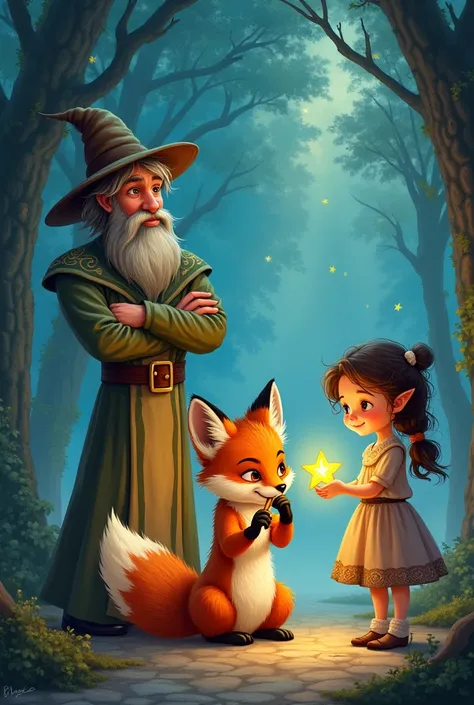 Illustration of a book cover with a small fox in the center playing the flute ,  a magician on the left side crossing her arms and a girl on the right side holding a star 