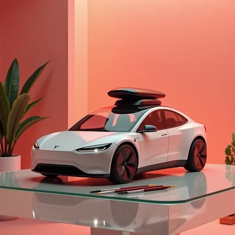 distance quarter front view in eye-level angle of a Tesla Robotaxi on a glass minimal table. some painting brushes are visible on the table. the background is minimal with living coral colored wall.