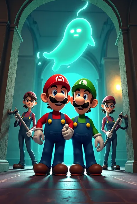 The background is Luigi's Mansion 、Luigi and Mario appear arm in arm、2 people have vacuum cleaners、Generated with 3D illustration 