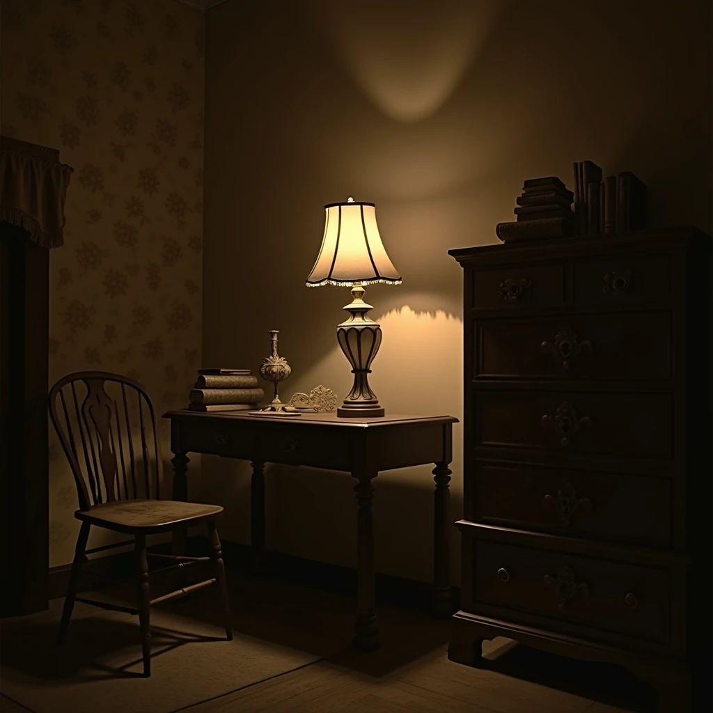 A sepia-toned photograph of an antique table lamp being switched on in a dimly lit room. The lamp, with a brass base and a delicate fabric shade, casts a warm glow as the switch is turned by an unseen hand. The soft light from the lamp begins to spread acr...