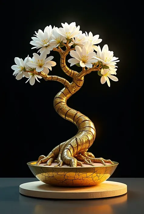 Uma bonsai futurist,  with twisted and exposed roots ,  luminous white flowers and golden metallic trunk, on a black background. Style: Digital Art, hyperrealism,  minimalist aesthetic .  atmosphere:  is sophisticated, elegant, futurist. details:  trunk ba...