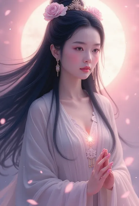 Goddess Kuan Yin in shades of pink black hair