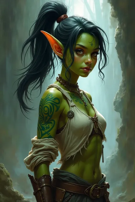 d&d стиль.  Goblin girl with green skin and tribal tattoos.  Dark hair gathered in a high curvy ponytail . Dressed in light ,  simple clothes with elements of light armor .