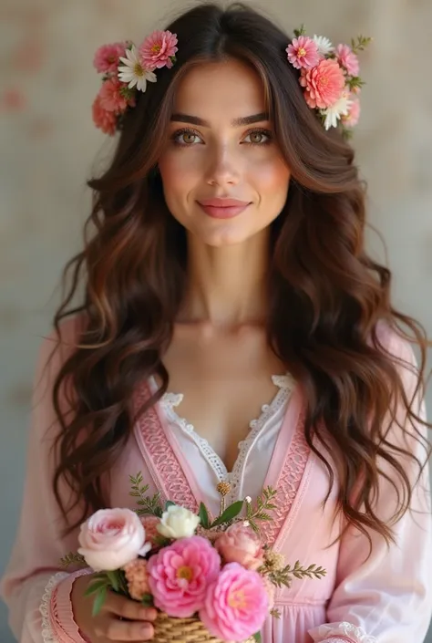 A beautiful and spring woman. With long and curly brown hair. Pink and white shirt. flowery Made of silk, guipure, satin. A basket of spring flowers in her hand. A wreath. Beautiful makeup. Iranian face. Honey round eyes. He is happy