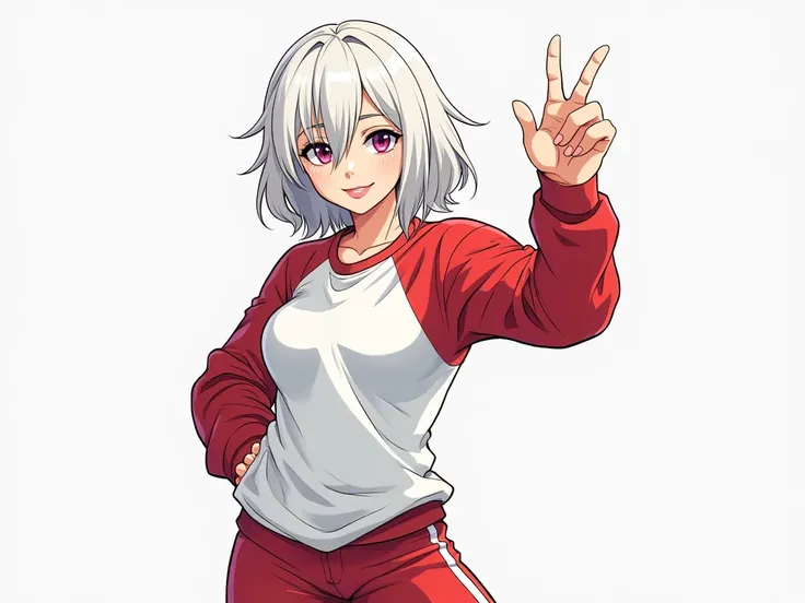  comic style drawing/manga/anime, mujer de hair blanco, hair suelto,  heterochromia,  left eye red , purple right eye,  white clothes, hair,  white and red sweatshirt. fighter, Fighting pose,  tall cowgirl ,  defined muscles 