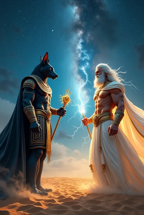 "A breathtaking, ultra-realistic yet surreal depiction of a cosmic confrontation between two mighty gods—Anubis, the jackal-headed Egyptian deity of the afterlife, and Zeus, the thunder-wielding king of the Greek pantheon. In the vast, endless desert under...