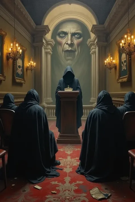 "A chilling, gothic oil painting depicting a secretive underground auction in a grand yet decayed hall, dimly lit by flickering chandeliers. Hooded figures sit in silence, their faces obscured by shadow as the auctioneer presents a mysterious, cursed item—...