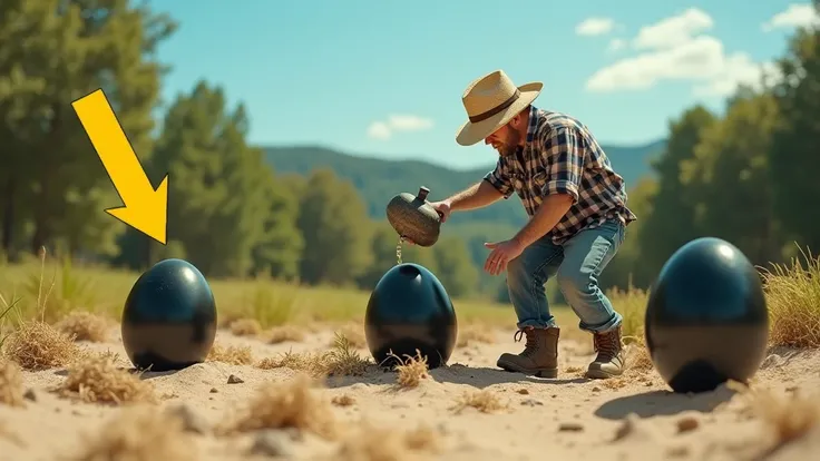 A surreal farm landscape where hundreds of large, smooth, glossy black eggs emerge from the sandy soil, partially buried, surrounded by remnants of dried straw. A farmer, dressed in a straw hat, checkered shirt, and rugged jeans, is carefully tending to th...