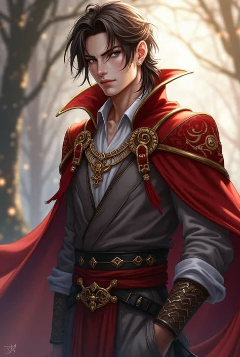 Anime  wearing general clothes,  contest a detailed painting by Yang J, pixiv, fantastic art, elf prince , Beautiful and elegant Elvish king, handsome elven hero ,  handsome and seductive anime man , handsome anime man with brown hair and hairstyle, dark b...