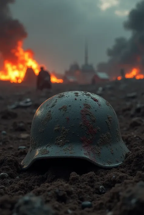 Roblox muddy First War German helmet with dust and blood on it and behind it a burning village in the dark 