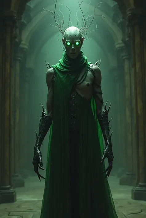 A male humanoid entity of approximately 2,5 meters high,  with an imposing and mysterious presence . your skin is pale,  almost translucent ,  and her face is covered by a gray mask divided in half ,  displaying two large bright green eyes . Several thread...