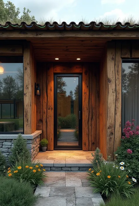 A façade seen from the front of a house with a glass door well centered in the middle. Stone Window Sill, side windows, Mixes rustic and futuristic design (Really crazy thing , Something that doesn't exist:  at the same time it is rustic and at the same ti...