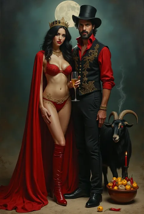 Realistic oil painting style of two entities, one male and female and a 45-year-old mature Brazilian woman with a medieval crown on her head, long black wavy hair, red lipstick, a serious elegant look and a long Dracula red colerim cape dragging on the flo...