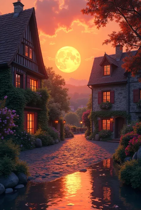  landscapes, atmospheric lighting, scorching sunset of mr sun sprunki, warm colours, practical, photopractical, Detailed Foliage, complex buildings, cobblestone street, Charming country house, swirly vibrant colors, lush vegetation, Still water reflections...