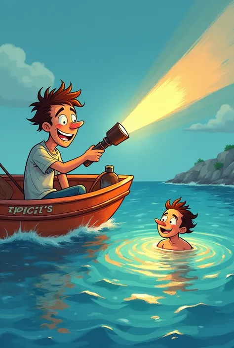  Hand-drawn illustration of a man holding a flashlight ,  focusing their light on someone else .  The man is in the boat focusing on the man swimming in the sea.  there are two people in the water but it is focusing only on one , The other is drowning .  T...