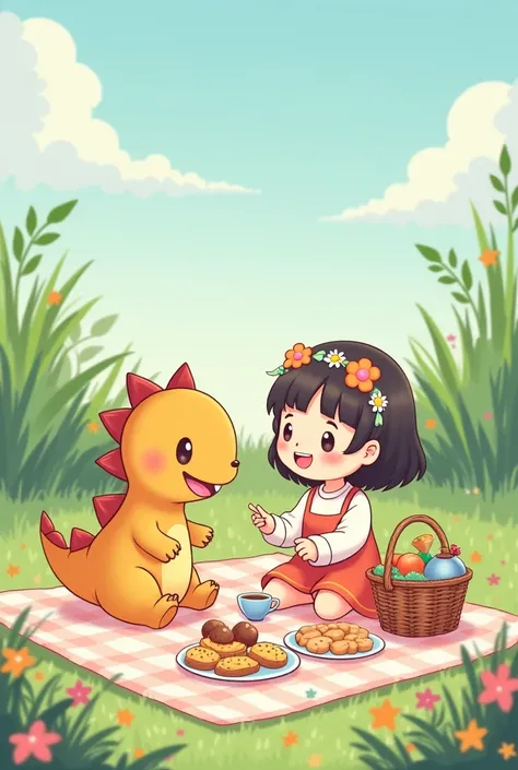  An image of a dinosaur with a girl sharing at a picnic, kawaii illustration style  