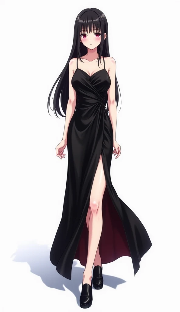 Japanese anime teenage woman with long black hair and deep magenta eyes and pink nails and wears a long, tight dress in shiny black satin. The design has a draped neckline ,  thin straps and a high opening in the leg , which gives it an elegant and sophist...