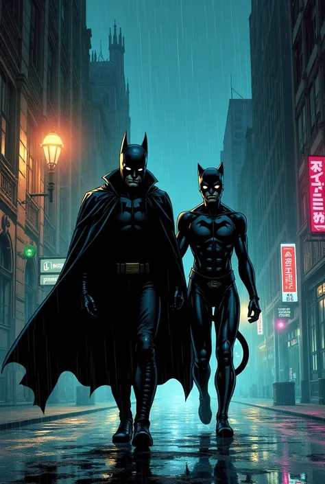  comic panel from DC comics:  character Midnight  (Lucas Trent ) walking in Gotham-city with the character Catman (thomas blake)