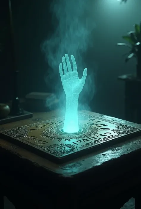 A ouija board with a spectral light floating above.