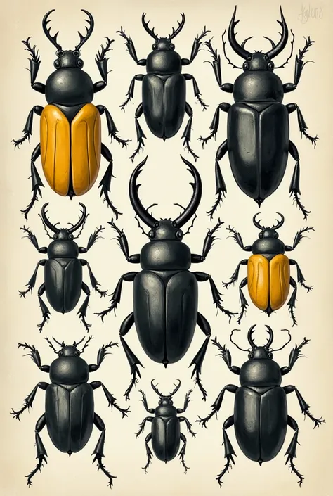 Cover of an illustrated guide to beetles of forensic importance, Keep it simple,  that includes black white gray and yellow. Give me a creative letter (organic )