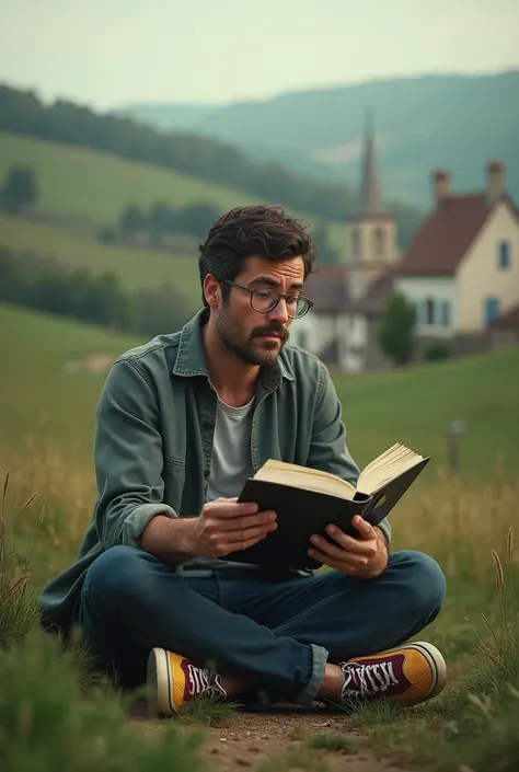 An average guy in the French countryside with a book, glasses, shedding tears with crazy shoes.