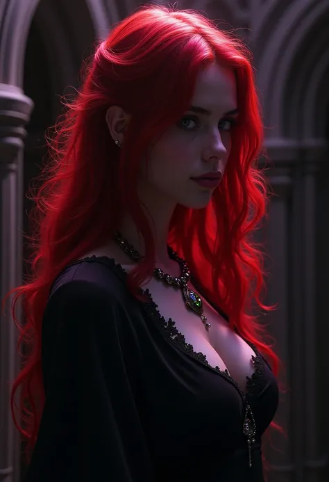 Luminous crimson hair flows through darkness like liquid fire, catching dramatic side lighting that creates an otherworldly glow. Deep shadows dance across Victorian-inspired elements while ornate jewelry gleams against pale skin. The composition merges Go...