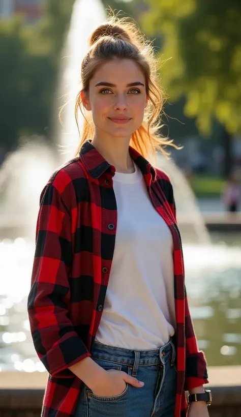 A European woman, in her 20s, with medium-lenght auburn hair tied in a ponytail, green expressive eyes and minor freckles, dressed in plaid red and black unbuttoned long-sleeved shirt over a white t-shirt, casual jeans and sneakers. She is standing in a ci...