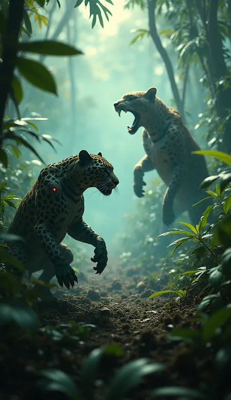 The dense, smoke-filled jungle sets the stage for an epic confrontation between two formidable hybrid warriors. The air is thick with tension as the Brazilian Jaguar hybrid crouches low, muscles tensed and eyes glowing with intensity, surveying the battlef...